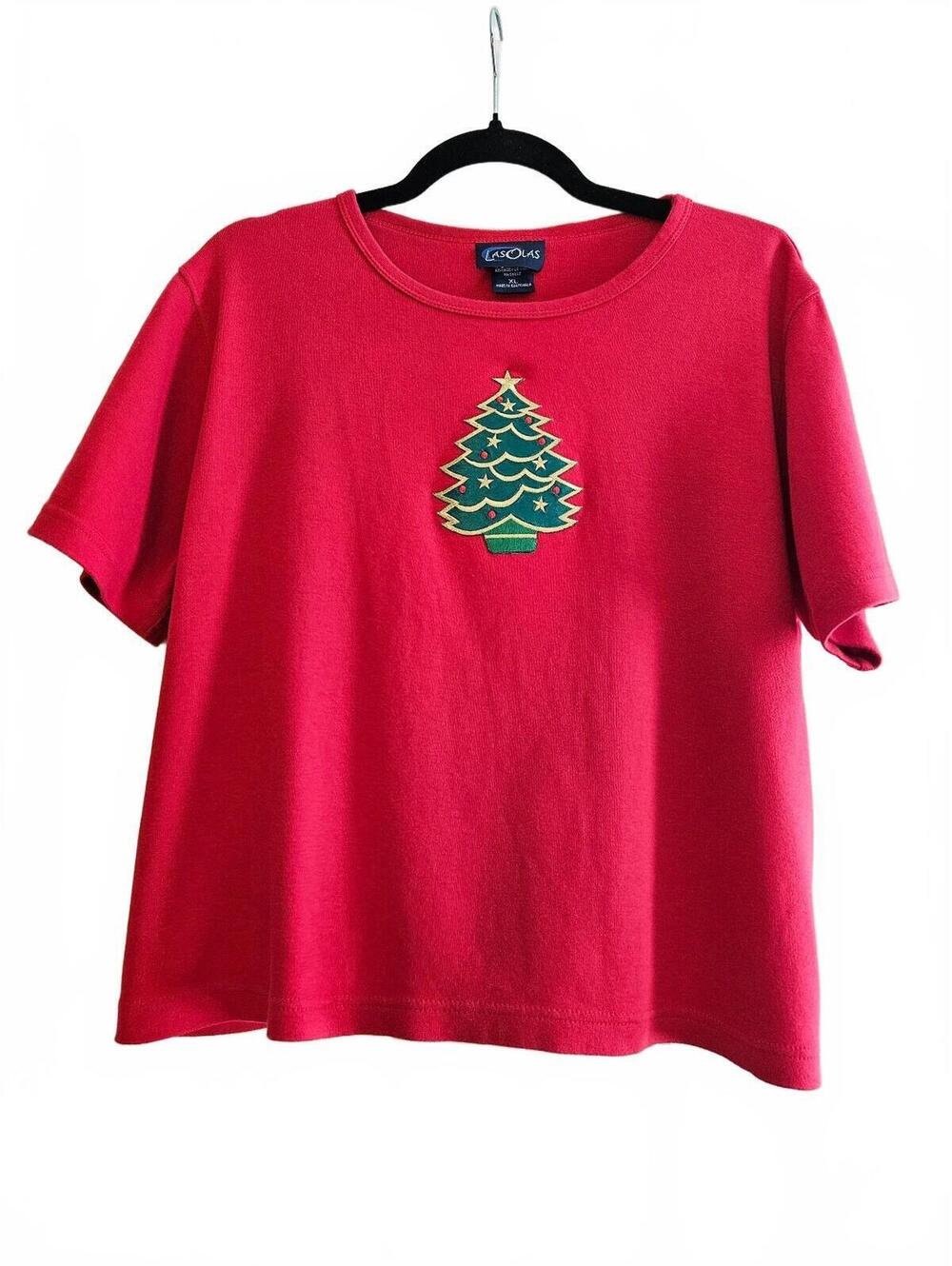 Vintage 90s Las Olas Women's XL Red Short Sleeve Christmas Tree T-Shirt